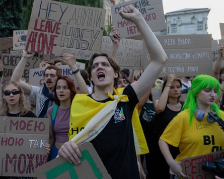 Protesters demonstrate against plans to remove the independence of the two anti-corruption agencies in Kyiv in July.