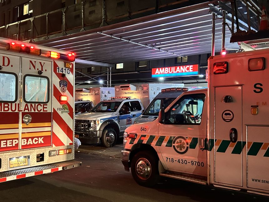 Multiple Ambulances parked outside the emergency room entrance in Queens, New York.  New York City, Chicago and Los Angeles leads are the busiest cities for 911 in the US, handling more than 1.6 million calls in fiscal year 2024, according to the OUC.