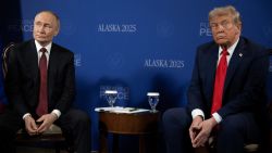 President Donald Trump and Russian President Vladimir Putin meet during a US-Russia summit on Ukraine at Joint Base Elmendorf-Richardson in Anchorage, Alaska, on August 15, 2025.