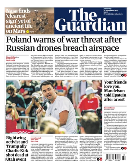 Guardian front page, Thursday 11 September 2025