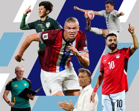 Clockwise from top left: Bolivia’s Miguel Terceros, Norway’s Erling Haaland, New Zealands Chris Wood, Egypt’s Mohamed Salah, Saudi Arabia coach Hervé Renard, Jamaica coach Steve McClaren. Composite: Getty; Shutterstock; Alamy