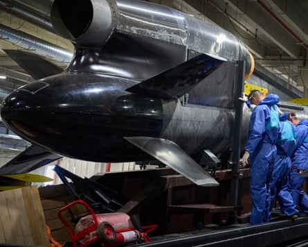 Workers inspect a Flamingo cruise missile 
