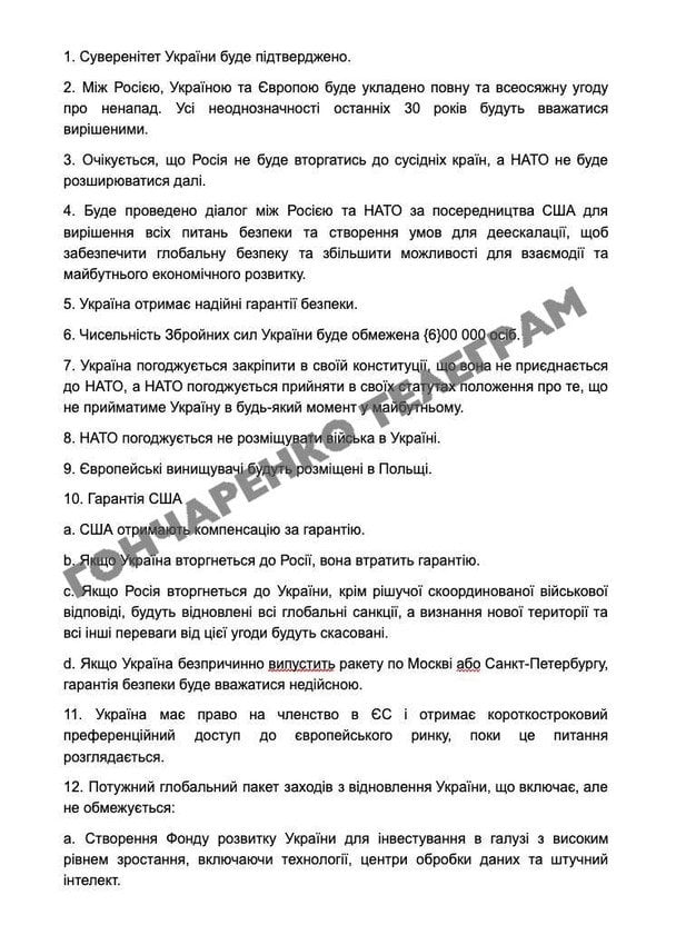28 пунктів мирного плану США, які опублікував нардеп / © Telegram/Олексій Гончаренко