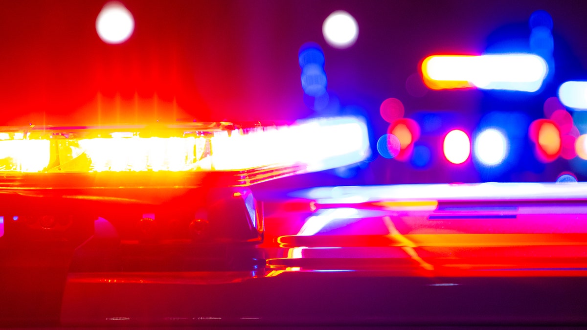 Police lights flashing at night