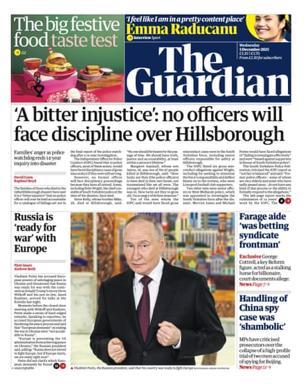 Guardian front page, Wednesday 3 December 2025