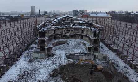 Aerial view shows the destroyed theatre building