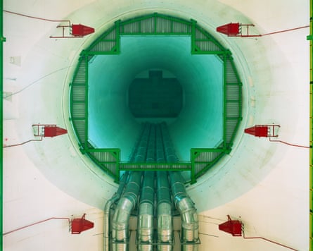 The Compact Muon Solenoid cavern looking up the installation shaft at the Large Hadron Collider, Cern 