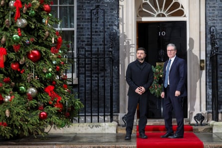 Keir Starmerstands with Volodymyr Zelenskyy outside 10 Downing Street