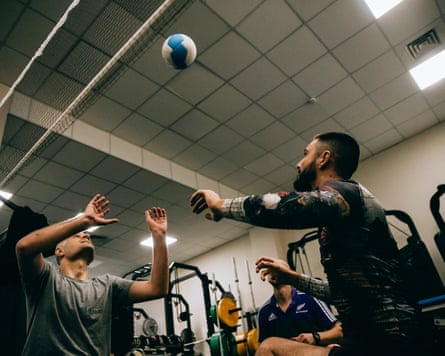 Injured veterans playing volleyball at the rehabilitation centre in Kyiv region.
