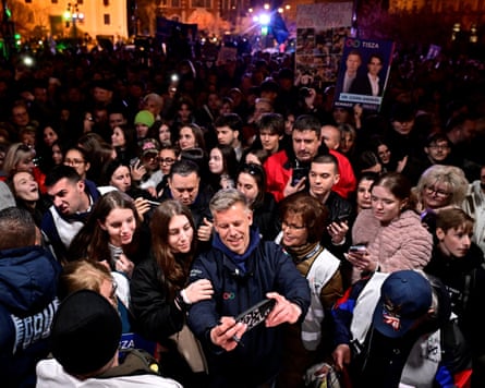 Peter Magyar with supporters during an election campaign rally in Miskolc.