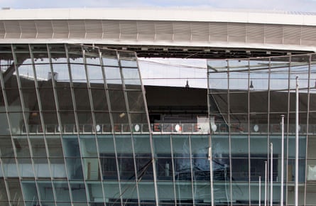 The Donbas Arena stadium after it was damaged by a blast wave following shelling in Donetsk in 2014.