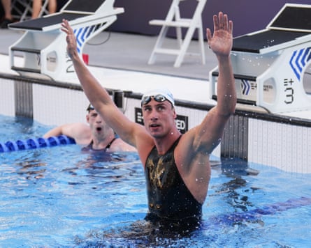 Kristian Gkolomeev, of Greece, celebrates after winning the men’s 100-metre freestyle final at the Enhanced Games in Las Vegas