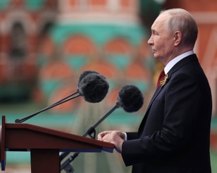 Vladimir Putin giving a speech during the Victory Day military parade at Red Square