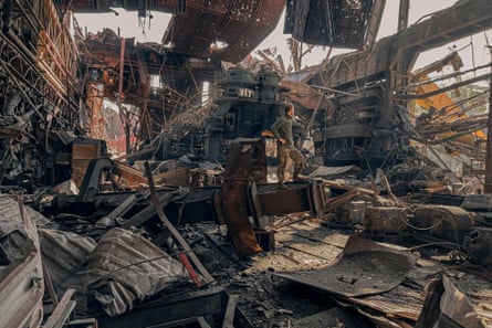 A Ukrainian soldier stands inside the ruined Azovstal steel plant before the surrender to the Russian forces in Mariupol in May 2022.
