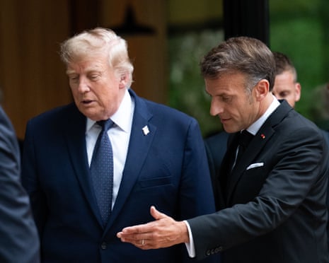 US president Donald Trump and French president Emmanuel Macron prior to a family photograph before a gala dinner as part of the G7 summit, in Evian, France.