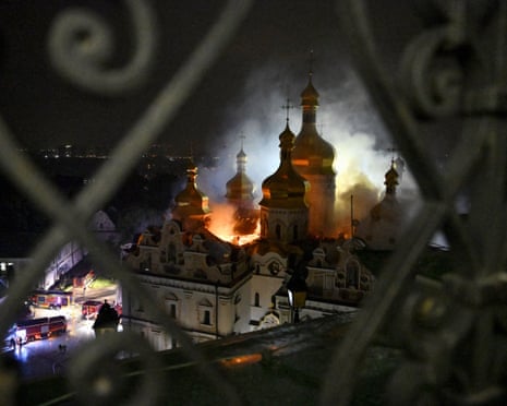Smoke and fire rises from the Dormition Cathedral in the Orthodox complex of the Kyiv Pechersk Lavra following a Russian missile strike on the Ukrainian capital Kyiv.