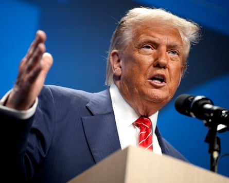 Donald Trump gestures as he speaks to the press following the NATO summit on June 25, 2025 in The Hague, Netherlands.