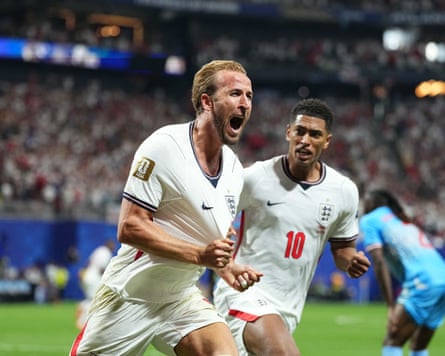 Harry Kane celebrates after scoring the first of his two goals that turned the last-32 tie around in Atlanta.