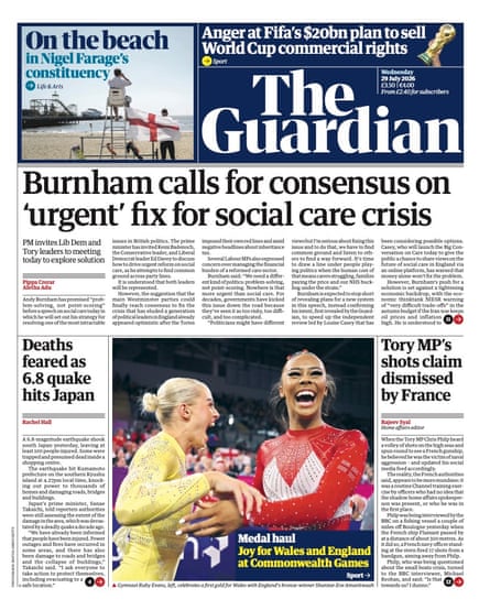 Front page of the Guardian 29 July 2026