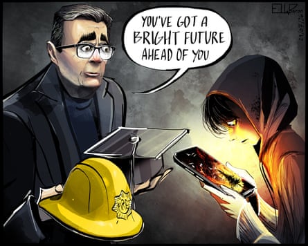 Andy Burnham, holding a hard hat and a mortarboard, telling a young person staring at a phone ‘you’ve got a bright future ahead of you’