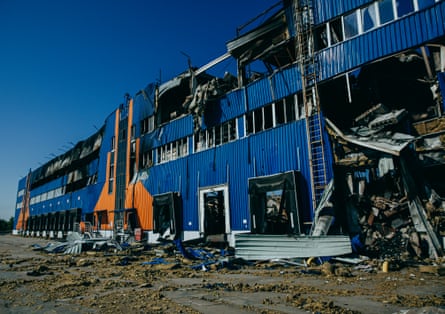 A huge warehouse in Brovary, Kyiv region, after it was damaged by an airstrike