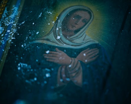 A holy image inside the damaged church near the road to Kostyantynivka, Donetsk region.