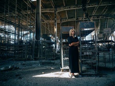 Iryna Chechotkina, the co-founder of Rozetka, inside the burnt-out distribution hub of her company in Brovary, Kyiv region