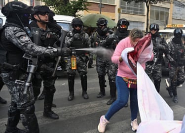 Riot police pepper spray a woman with a banner