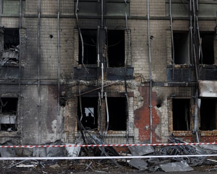 A damaged building front-on